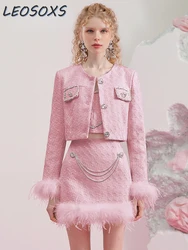 Intellectual Generous Pink Dignified Elegant Suit Set Winter Hot Drilling Top Love Vest Feather Short Skirt Three-Piece Set