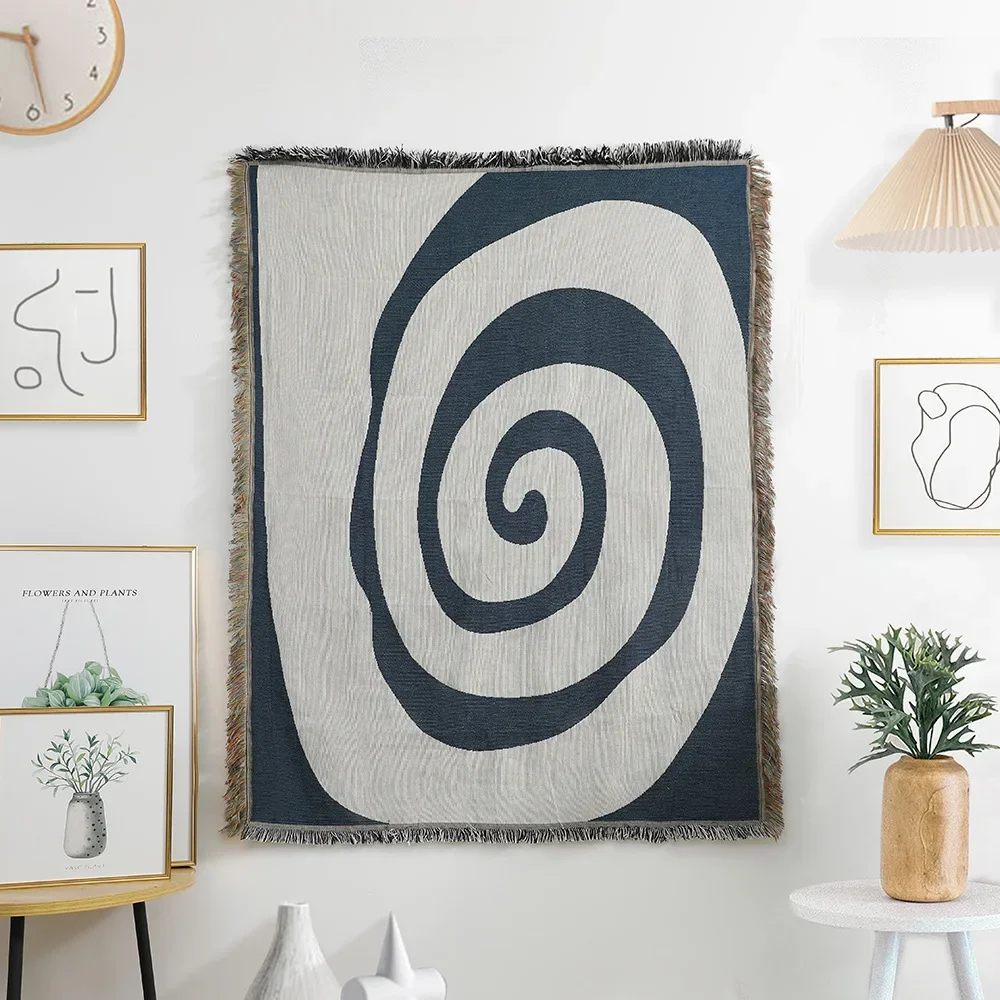 Navy Blue White Abstract Spiral Jacquard Throw Blanket Modern Geometric Swirl Woven Tapestry with Fringe Minimalist Decor Throw