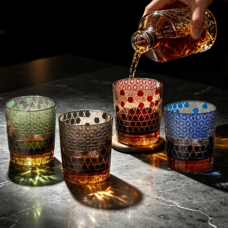 Dropshipping Hand Cut Regular Hexagon Lattice Vintage Amber Old Fashioned Crystal Glass Cups For Whiskey Brandy Cocktail Water