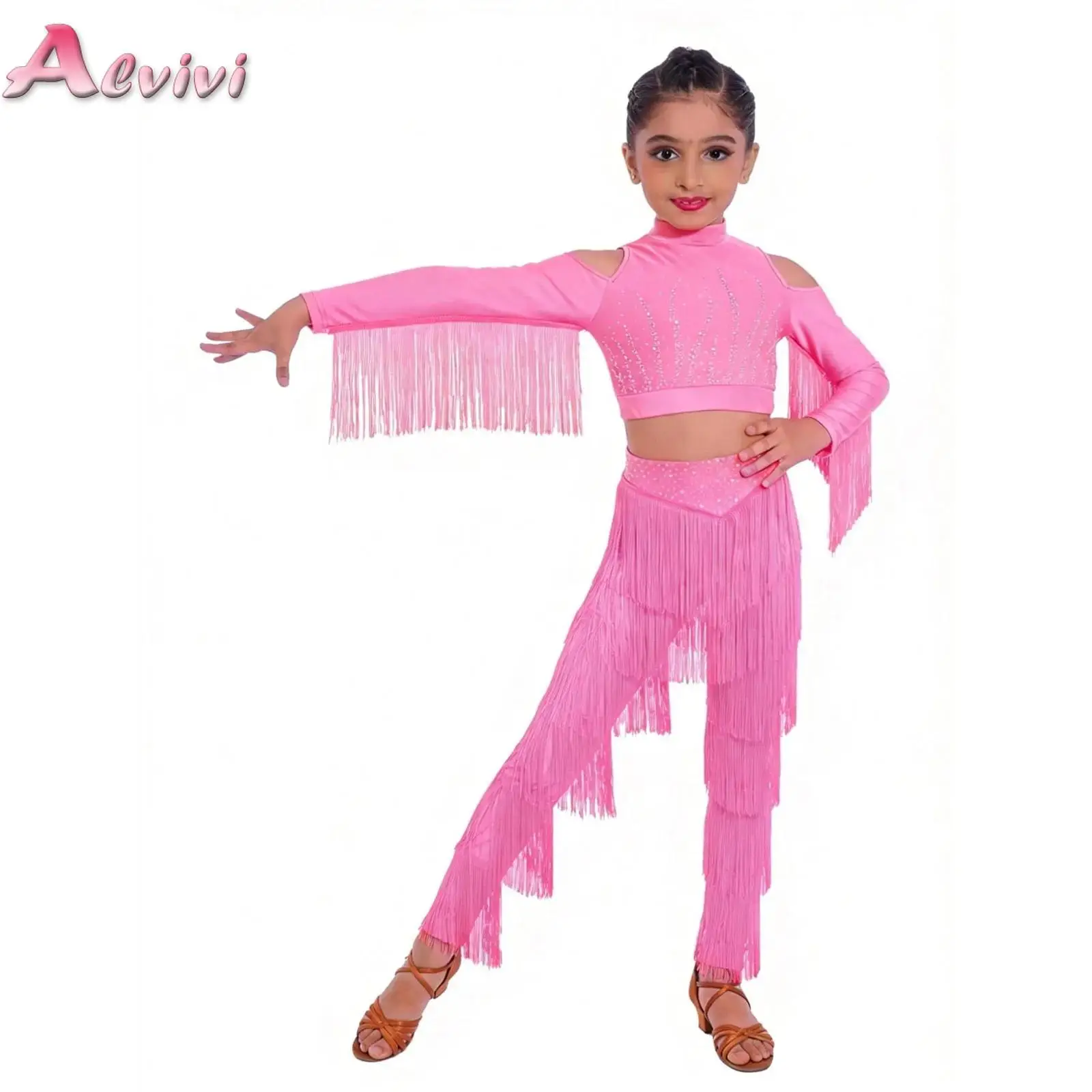 

Kids Girls Latin Belly Dance Outfit Cold Shoulder Tassels Shiny Rhinestones Crop Top with Tiered Fringe Pants for Competition