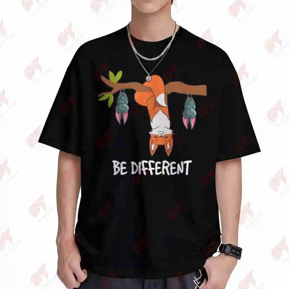 Be Different Cute Fox With Bat Short Sleeve Tee 100% Cotton T-Shirt