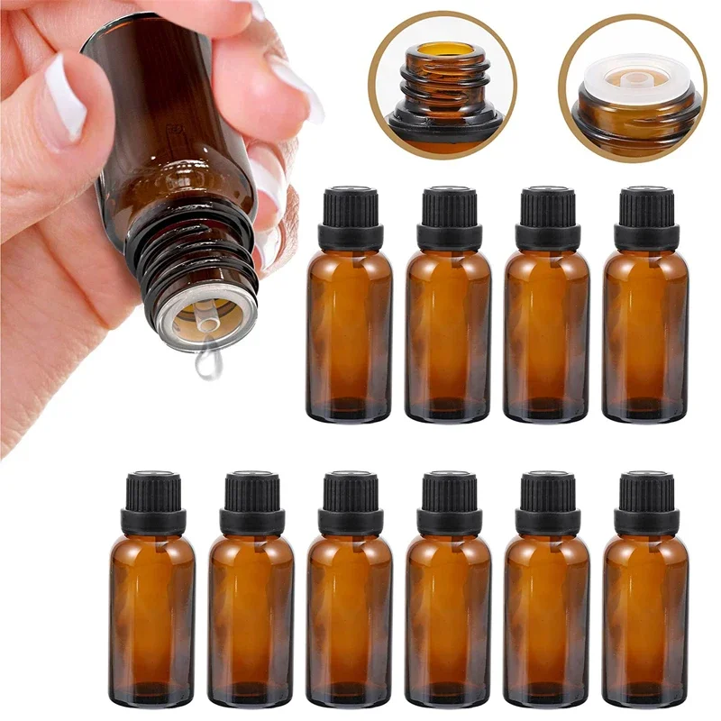 12Pcs 5/10/15/20/30ml Empty Amber Glass Essential Oils Drops Bottles with Orifice Reducer Tips DIY Supplies Tool Perfume Vials