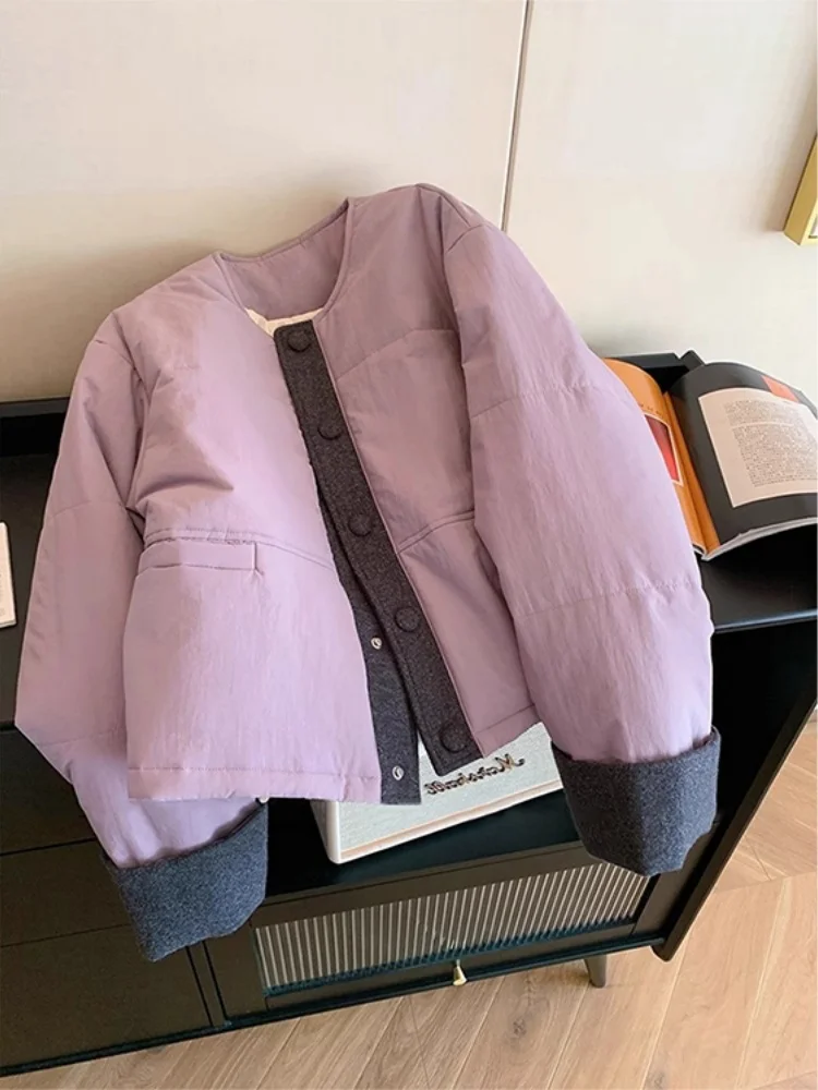 

Retro Color Blo round Ne Woolen Cotton Coat ex Autumn Winter Soft Ele Versatile Outerwear Korean Sle Loose Fit