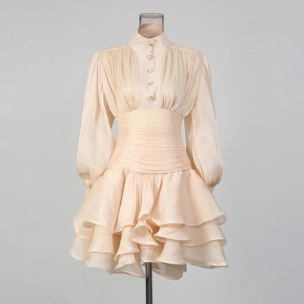 TWOTWINSTYLE Solid Spliced Ruffles Dress Female Stand Collar Long Sleeve Loose French Elegant Women's Dresses Autumn Fashion New