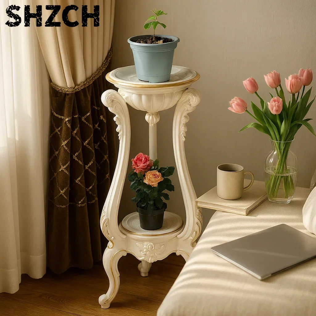 Luxury Classic European Flower Stand, Ornate Trimmed Plant Shelf,Balcony Planter Rack, Vintage Style Multi-Level Display Holder