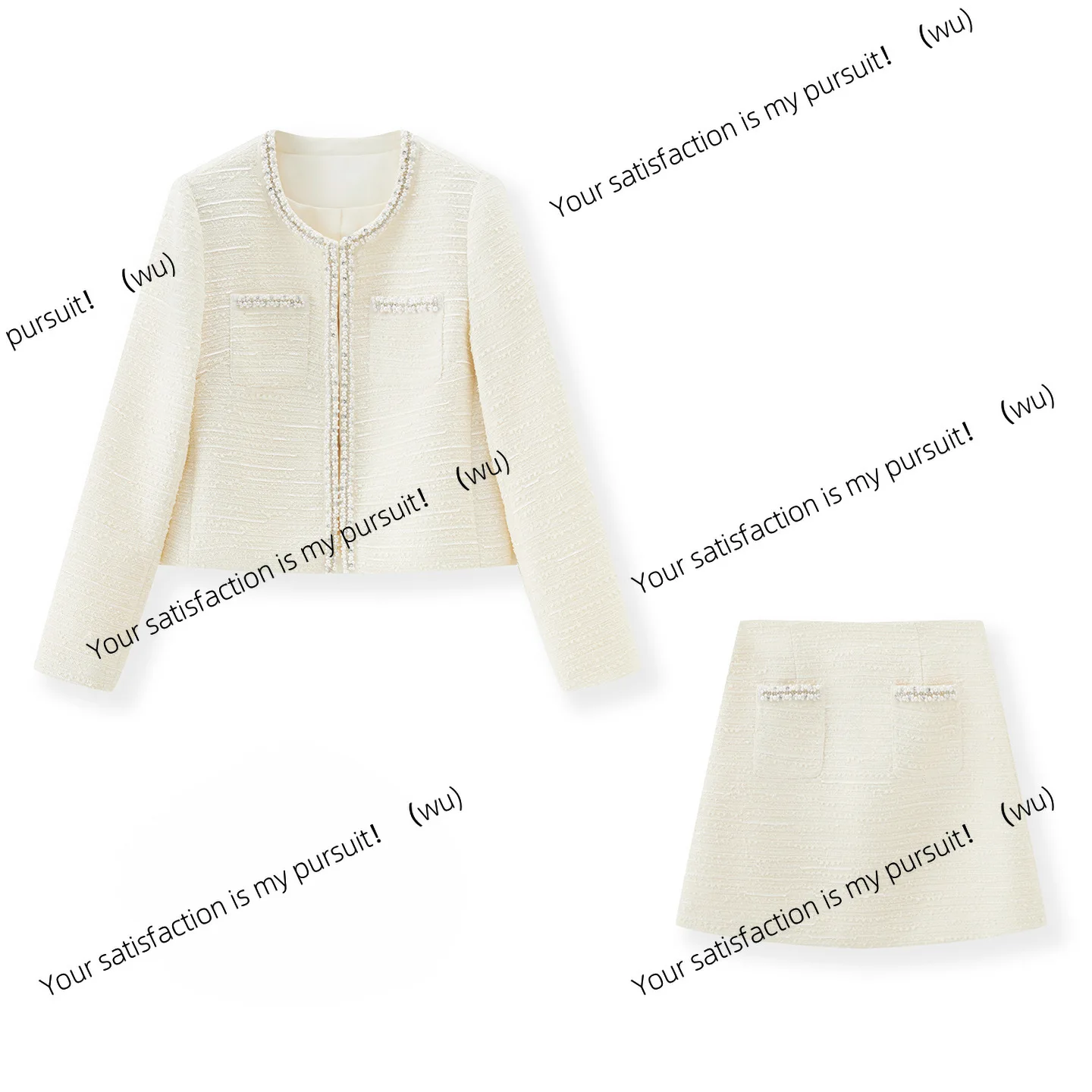 25111202-Heavy Industry Light Luxury Thousand Gold Wind White Moonlight Xiaoxiang Set Jacket + Skirt Handmade Nail Beads Autumn
