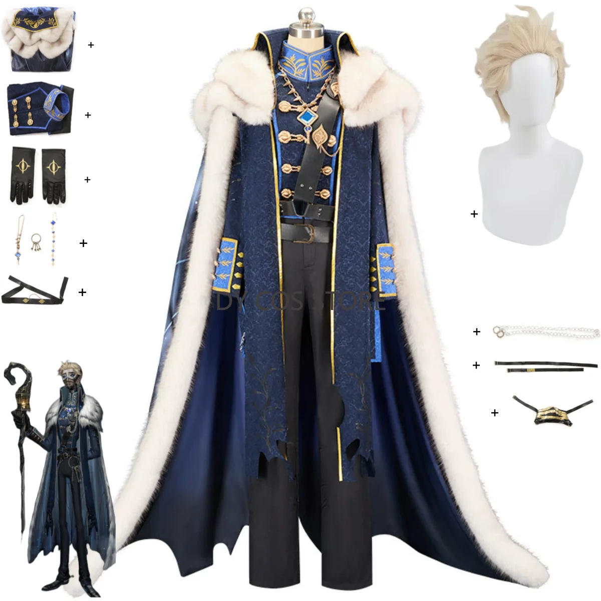 Disfraz de Cosplay de Game Identity VAlva Lorenz Hermit Warden, abrigo con Cuello de piel de invierno, capa, uniforme, conjunto completo de peluca, traje de Navidad para hombre