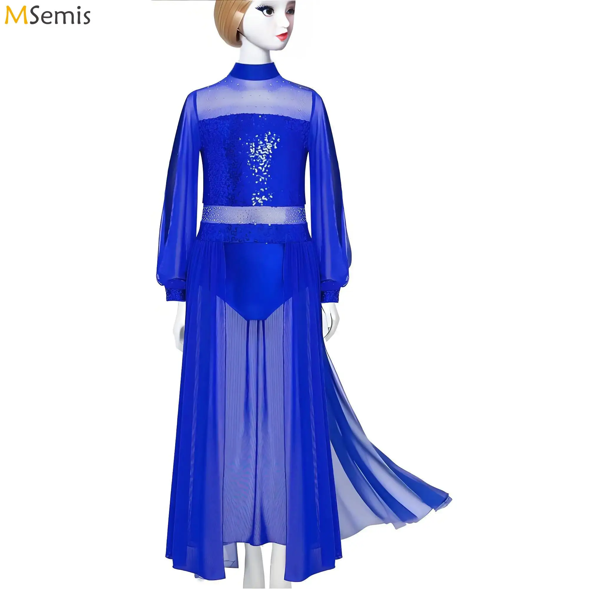 

Girls Figure Skating Leotard Dress Split Long Sleeves Sheer Mesh Lyrical Dance Costume Sequin Rhinestones Modern Ballroom Dress