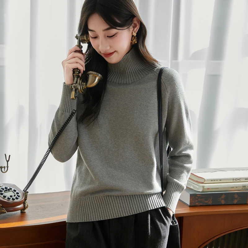 

Autumn and winter new 100% pure cotton high neck sweater women's casual solid color knitted pullover loose hot sellingwomen'stop