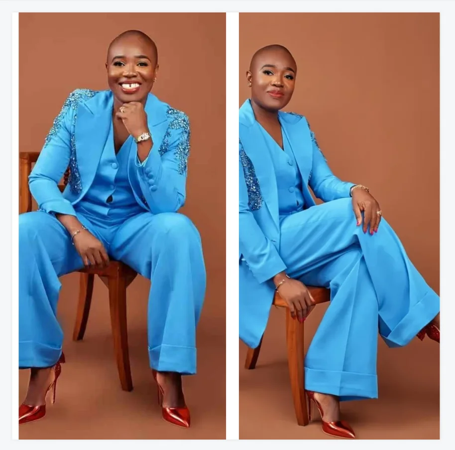 

Sky Blue Women Suit Set 3 Piece Blazer+Vest+Pants Stone Crystals Formal Office Lady Jacket Cotton Wedding Bride Coat Customized