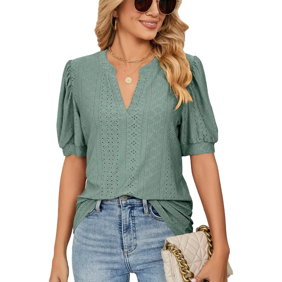 Dames zomer blouse met V-hals, ruches aan de mouwen, casual top-T-shirt met korte mouwen