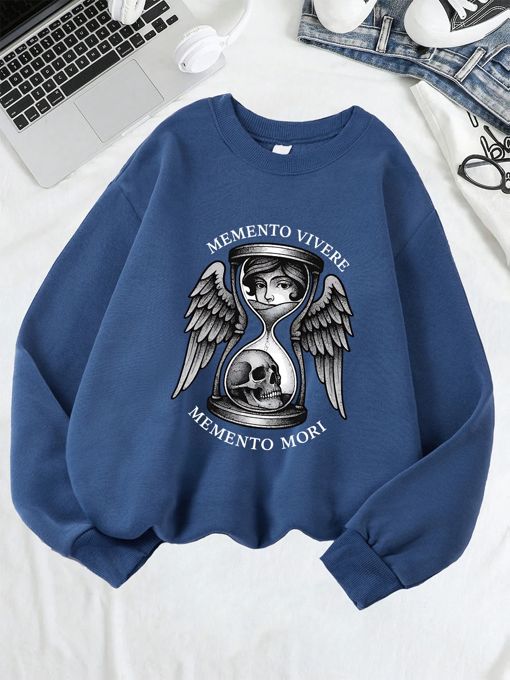 Memento Mori Druck Sweatshirts Damen Herbst Fleece Warme Hoodies Crewneck Lose Pullover Lässige Bequeme Damen Kleidung