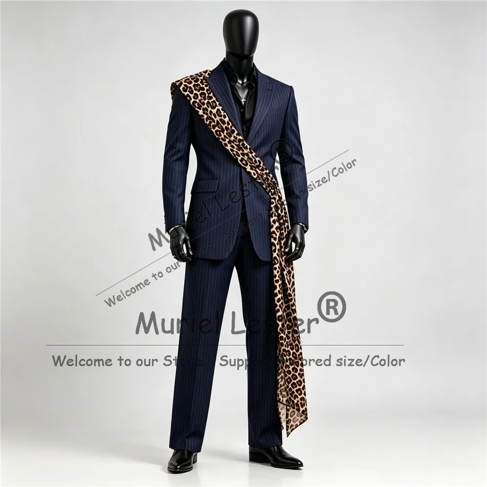 Male Fashion Suits 2 Pieces Set Vertical Striped Prom Blazer With Leopard Belt Customized Groom Dinner Party Tuxedo Attire 2026