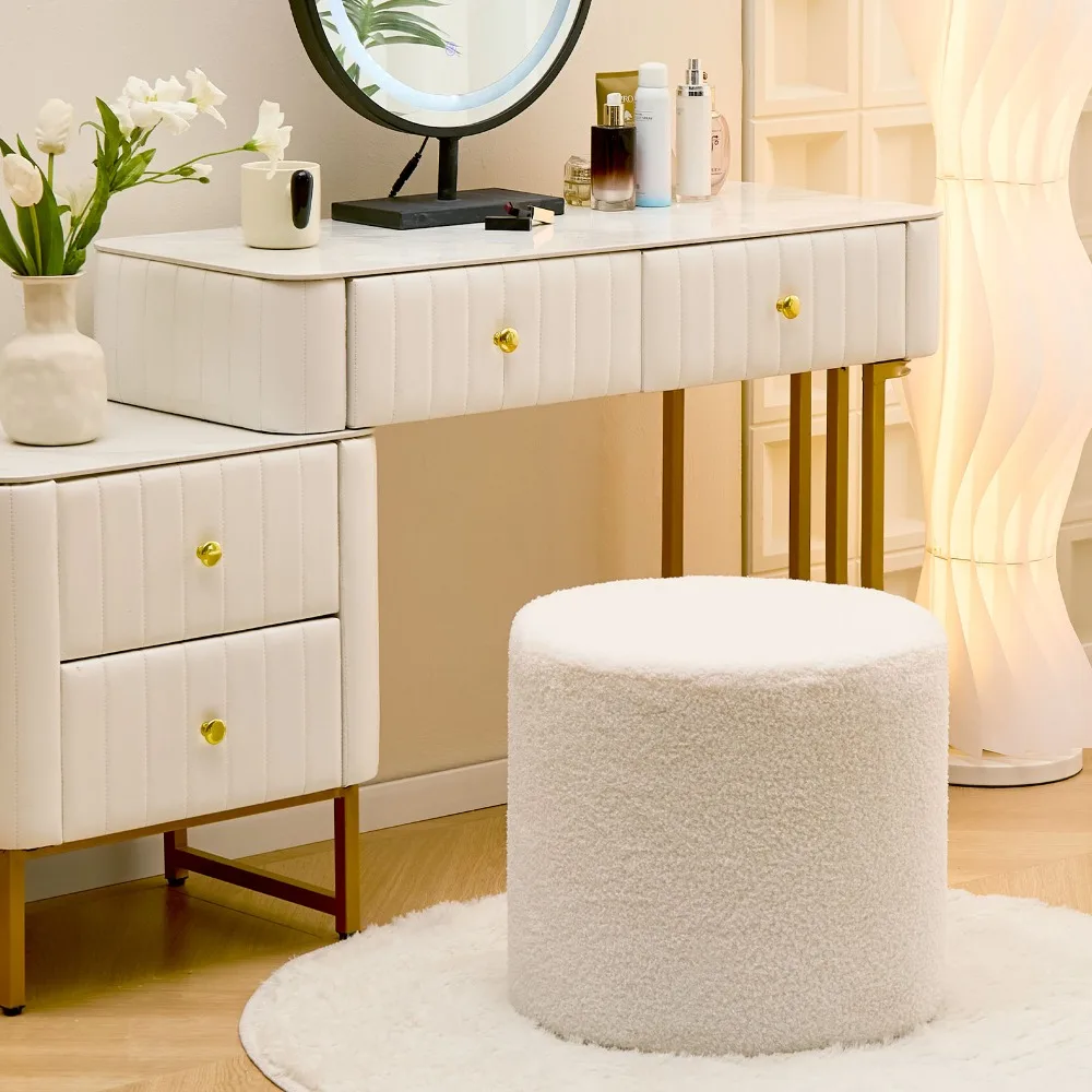 

Round Teddy Fleece Ottoman with Soft Padded Seat, Multi-Functional Footrest, Vanity Chairs for Makeup, Upholstered Foot Stool