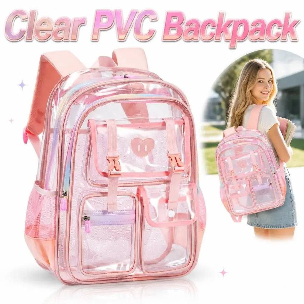 Multi Pocket Clear Backpack Zippered Large Capacity Transparent Bookbag Waterproof Smooth PVC School Bag School,Travel,Gym