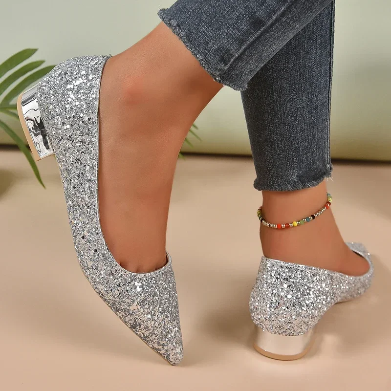 Shiny Sequins Silver Low Heels Pumps Women Spring Autumn Elegant Wedding Party Thick Heel Shoes Woman Glitter Pointed Toe Shoes