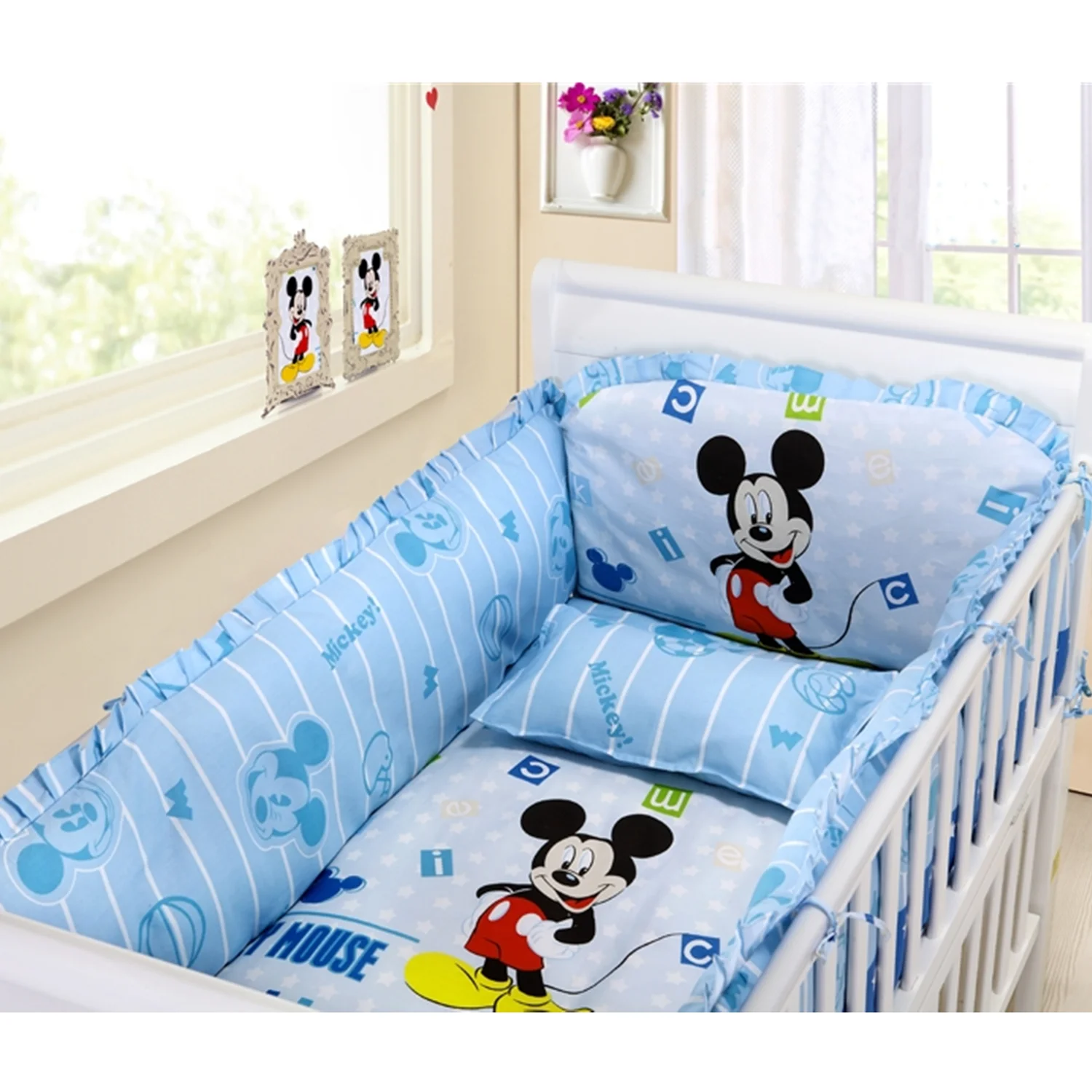 6Pcs Mickey Mouse Crib Set for Baby Girl Cunas para Bebes Crib Bedding Set Standard Size (4bumper+sheet+pillowcase)