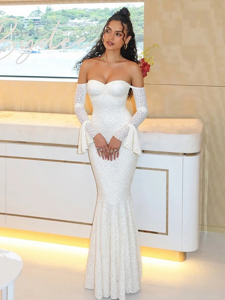 Sisterlinda ปลอมชีฟอง Maxi ชุดโรแมนติกภาษาฝรั่งเศสคําปิดไหล่ Ruffle แขนยาว SHEER Bodycon หญิง Elegant หวาน Vestidos