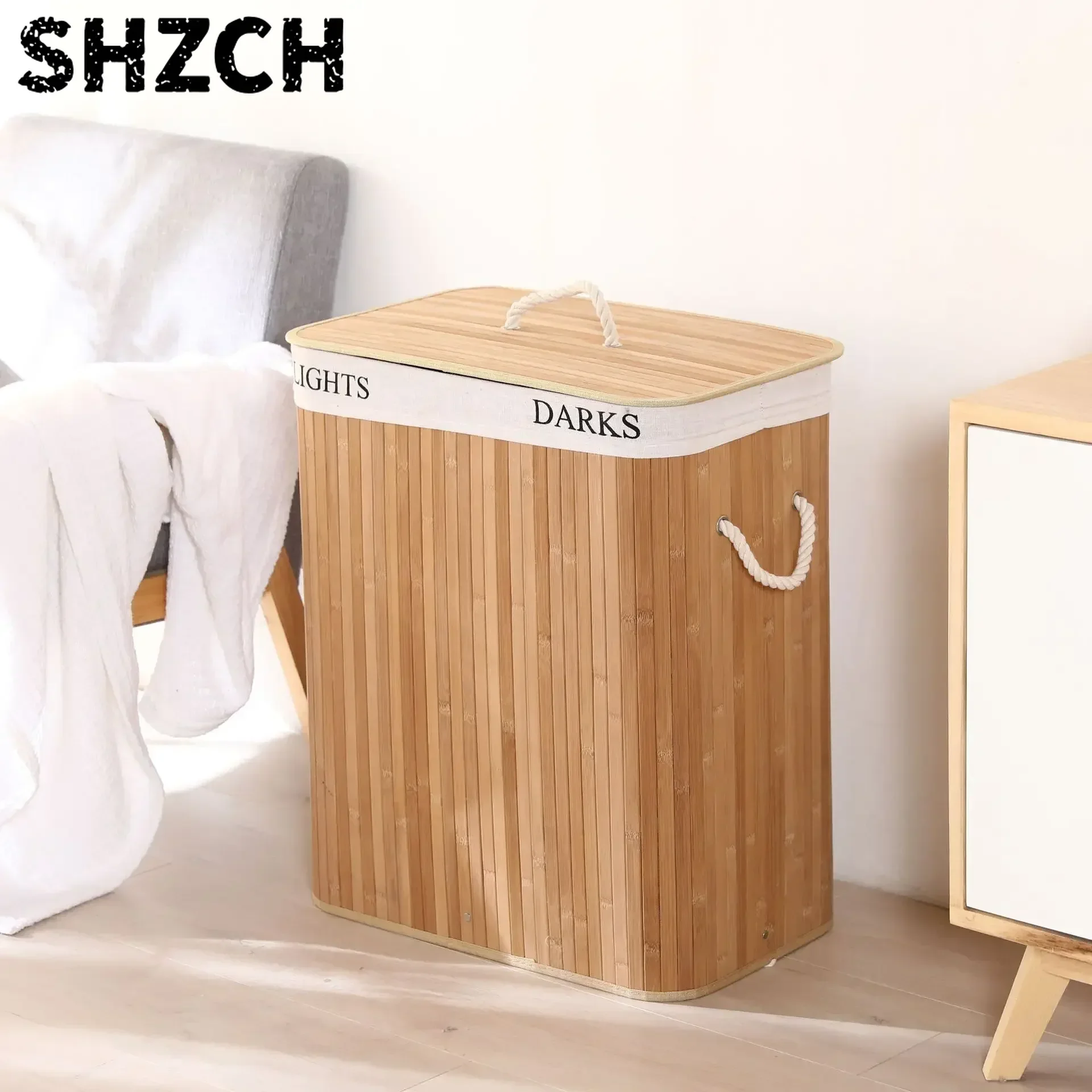Corner Bamboo Laundry Hamper  Foldable Laundry Basket with Lid Removable and Machine Washable Liner for Efficient Laundry