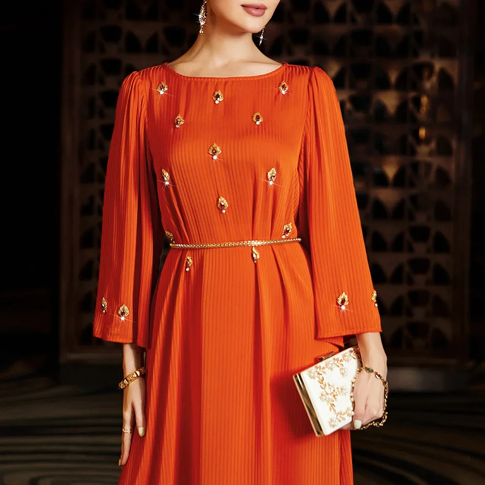 Robe en tricot diamant cousue à la main, robe de soirée de dubaï pour femmes, manches longues, caftan solide, Abayas musulmanes, robe de soirée marocaine