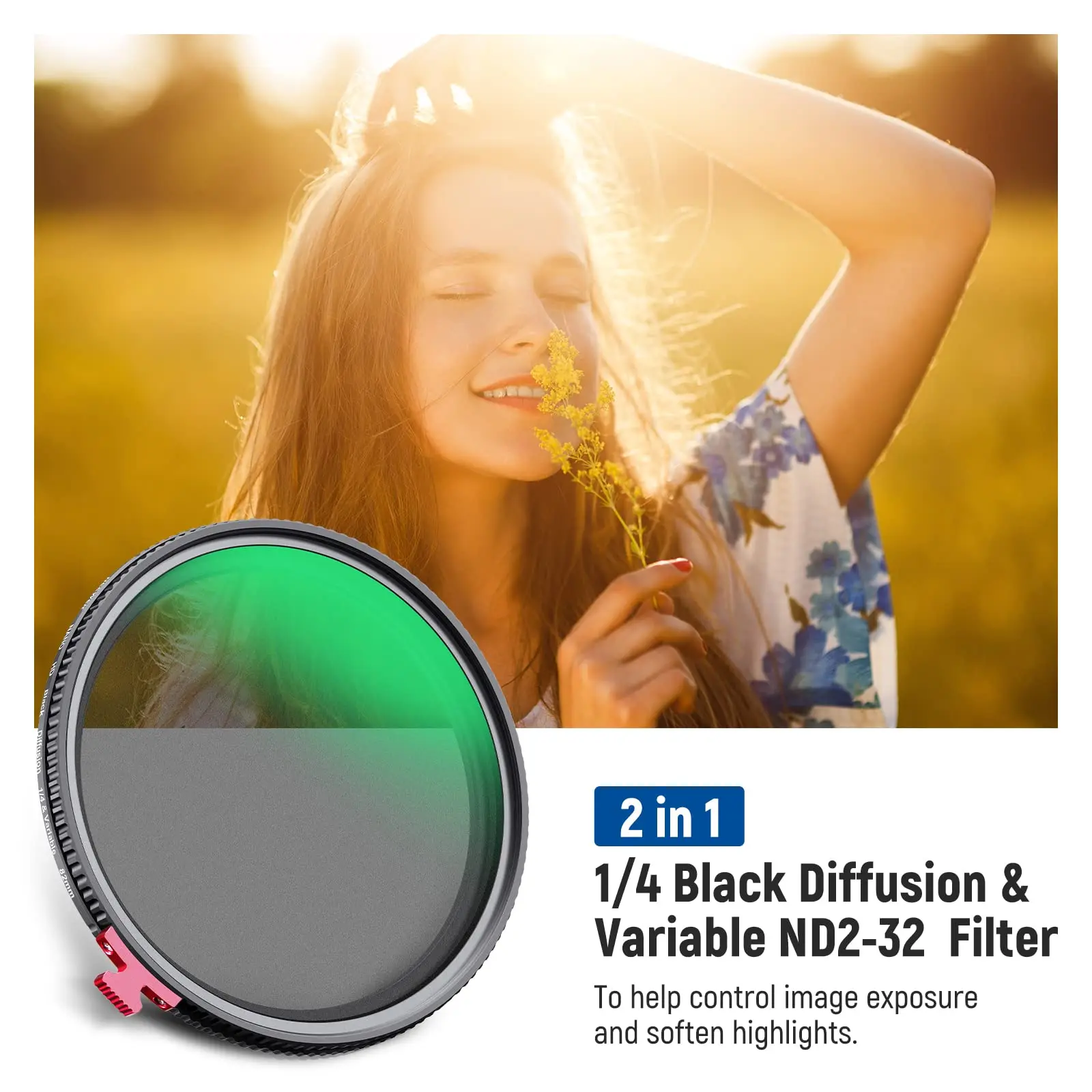 NEEWER 52/55/58/62/67/72/82mm Black Diffusion 1/4 Effect with ND2-ND32 Variable ND Filter 2 in 1 HD Neutral Density Filter