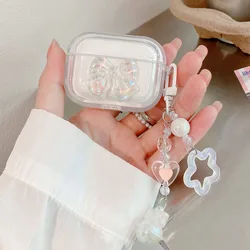 Caixa de carregamento do fone de ouvido para Airpods Pro, coreano Clear Bow Knot, Star Bell Keychain, capa do saco para Airpod 1, 2, 3, 4, Soft Shell