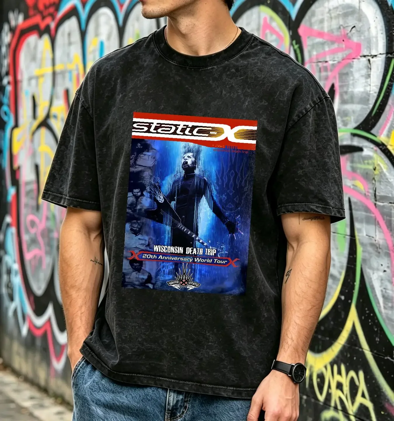 washed T Shirt Vintage Y2K Static X Tour Black Adult Large Metal Band long or short sleeves vintage Washed streetwear Versatile