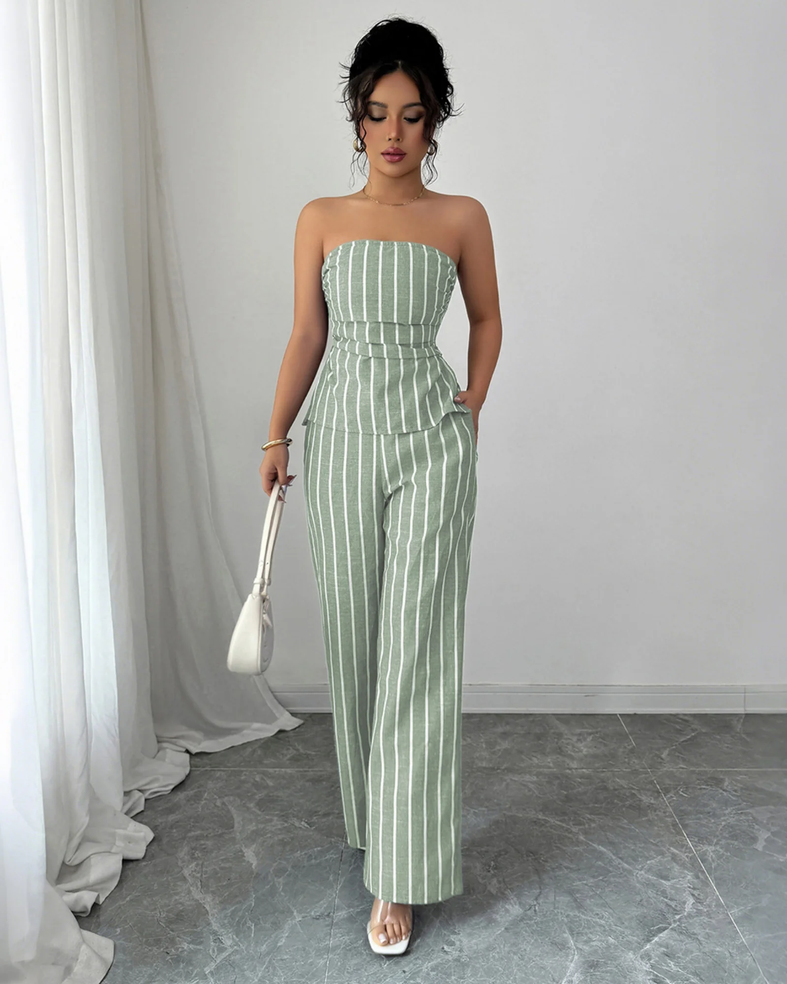 

LUCYSHIHATTU Женский комплект из двух предметов, топ без бретелек в полоску на молнии и широкие брюки с карманами