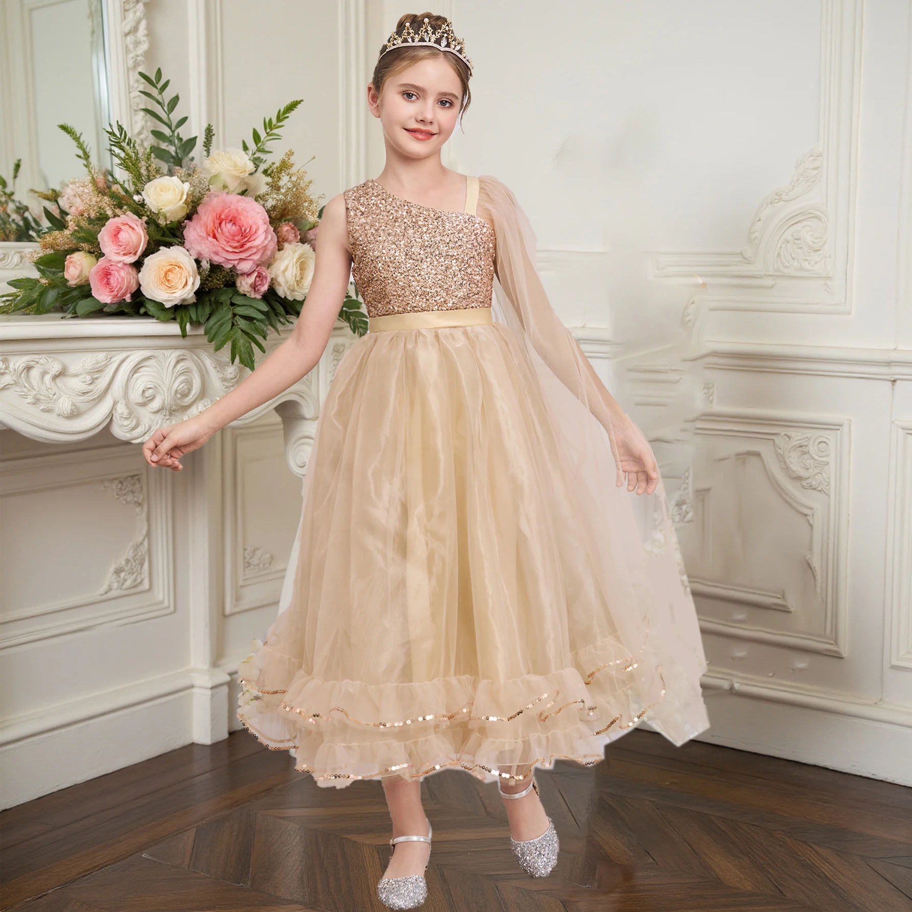 

Customized New Party Girl Dress Elegant Gold Sequin Bridesmaid Gown Summer Birthday Princess Prom Dresses Wedding Kids Clothes