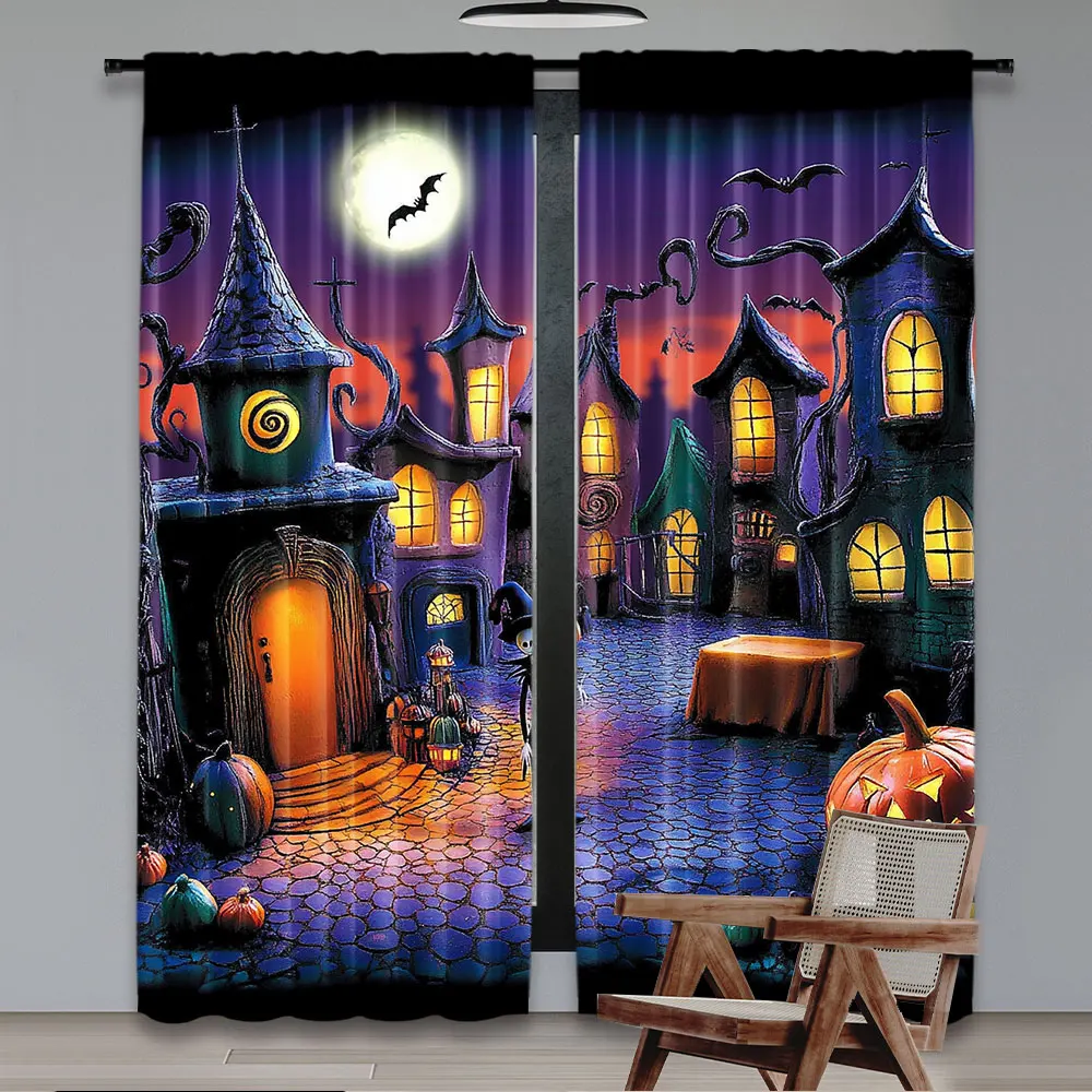 2Pcs Halloween Curtain Nightmare Themed Window Drapes Pumpkin Full Moon Town Birthday Christmas Party Decorations A