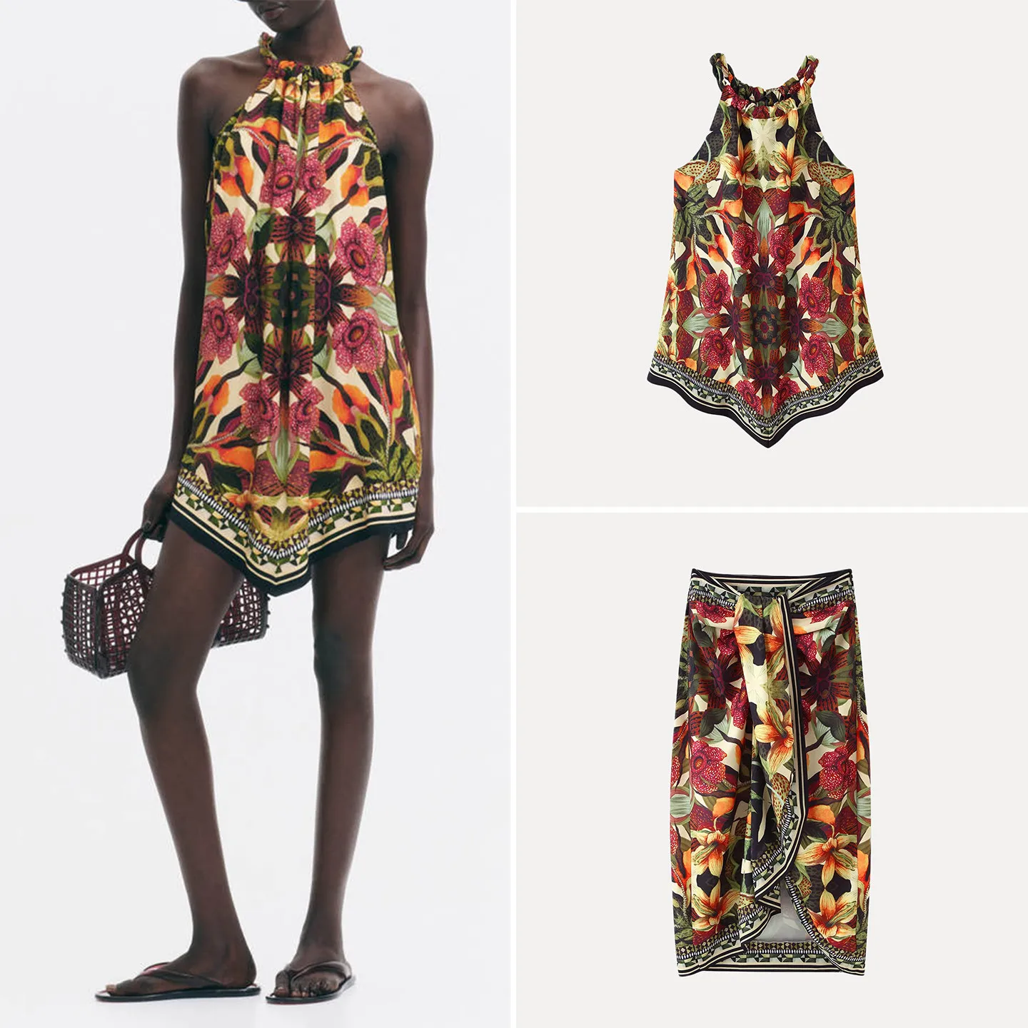 

Summer Floral Print Dress Women's Fashion Ensemble Half-length Gored Skirt Decorative Draping Two-piece Set ZADATA Brand