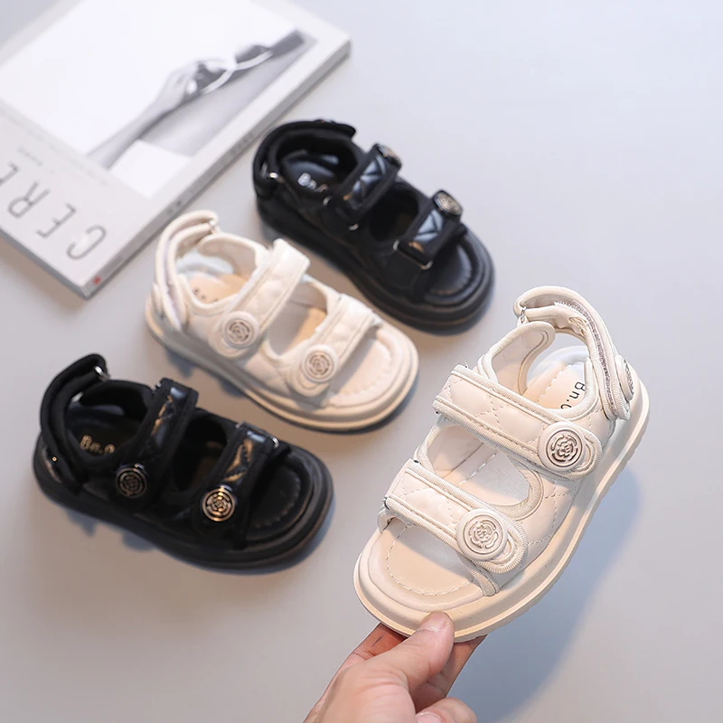 2023 Children Summer Sandals Chic Girls Casual Sandals Solid Black Kids Fashion Princess Japanese Style Classic Flowers Buckle