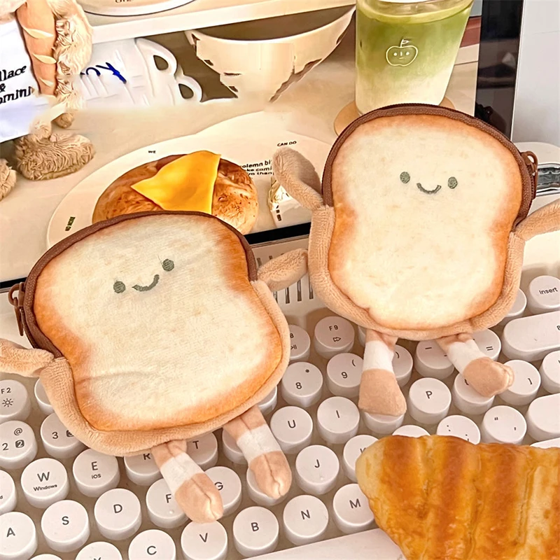 Creative Bread Toast Plush Coin Bag Girls Coin Purse Card Holder Female Casual Cute Cartoon Portable Earphone Key Bag