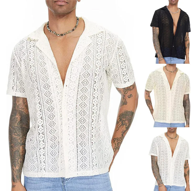 

Summer New Solid Color Lace Men's Lapel Shirt Short Sleeve Hollow Perspective Fashion Sexy Top 2026 Spring And Summer New Produc