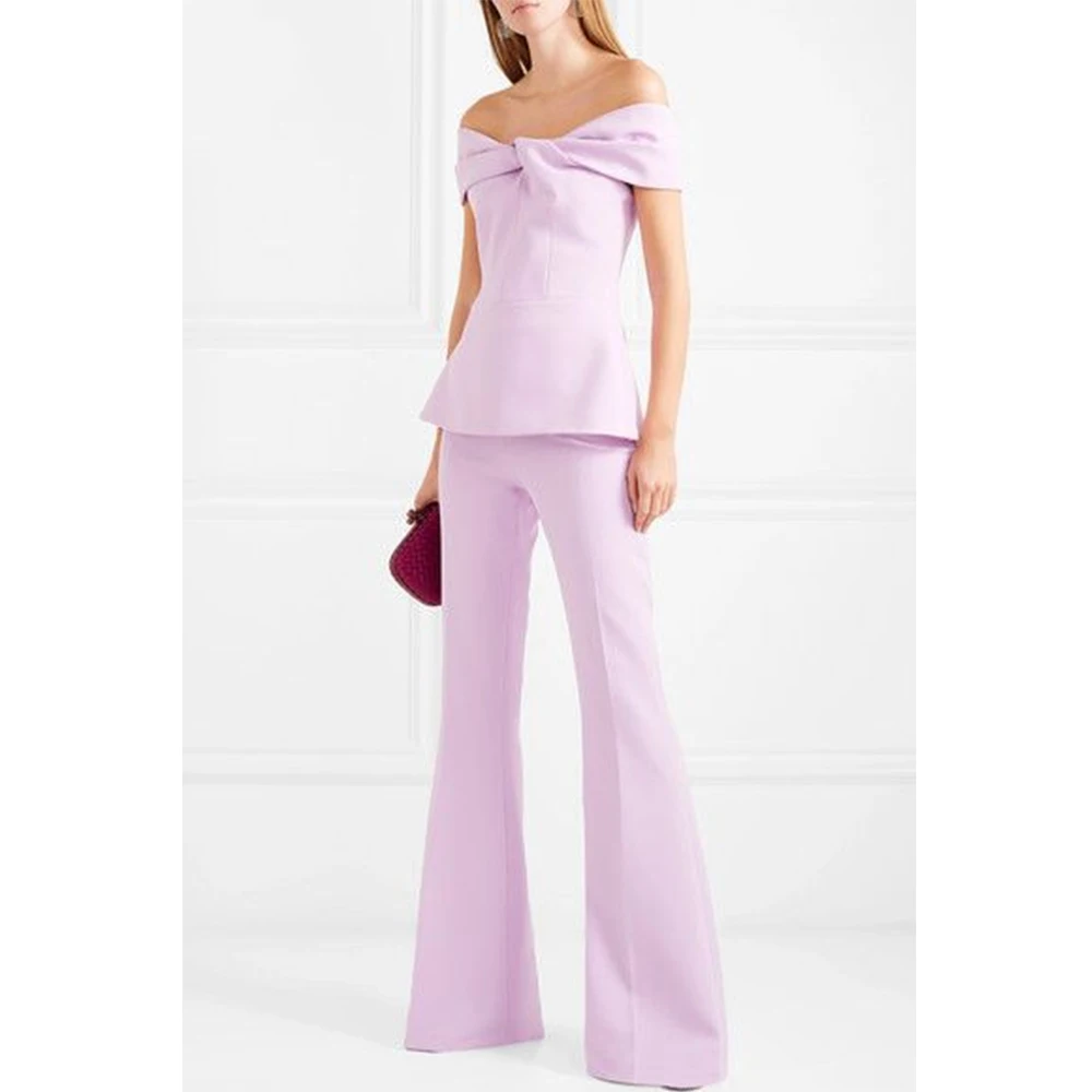 Tesco สีชมพู 2 ชิ้นชุดสตรีปิดไหล่เสื้อและกางเกงที่กําหนดเองงานแต่งงานชุด Office Lady ชุดกางเกง