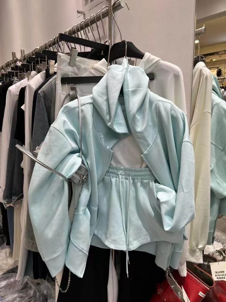 

Loose Hooded Zipper Sweatshirt High Waist Shorts Two-Piece Set Women Casual Outfit Dongda Gate Spring New Arrival