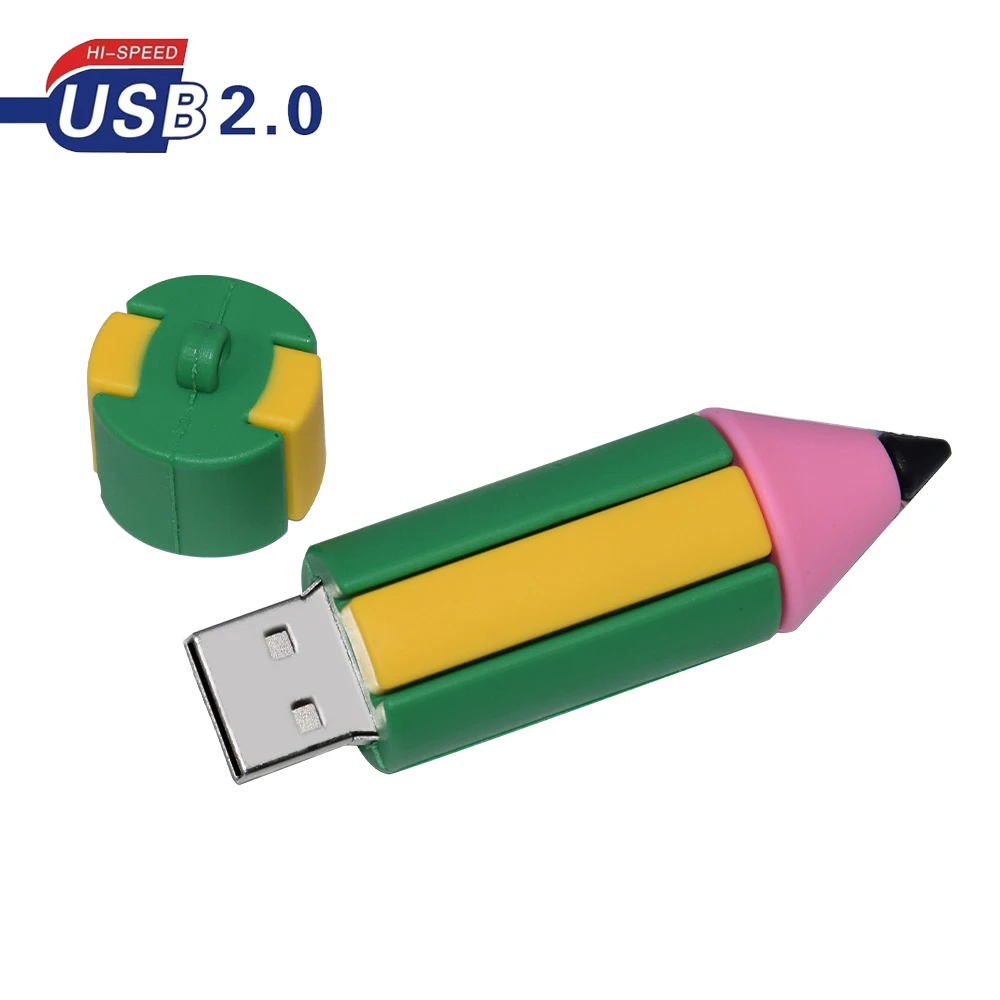 Cartoon Pencil Pen Drive, Memory Stick, U-Disk, USB 2.0, U-Disk, Presente, 128GB, 64GB, 32GB, 16GB, 8GB