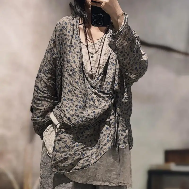 New Spring Summer Arts Style Women Long Sleeve Loose V-neck Shirt High Quality Ramie Slanting Front Lace-up Blouse Femme Tops