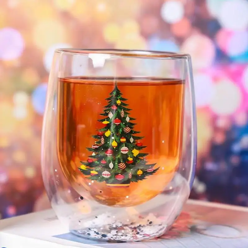 Christmas Double Wall Glass Cup Heat-resistant Water Cup Christmas Tree Snowman Pattern Juice Tea Milk Coffee Mug Xmas Gift