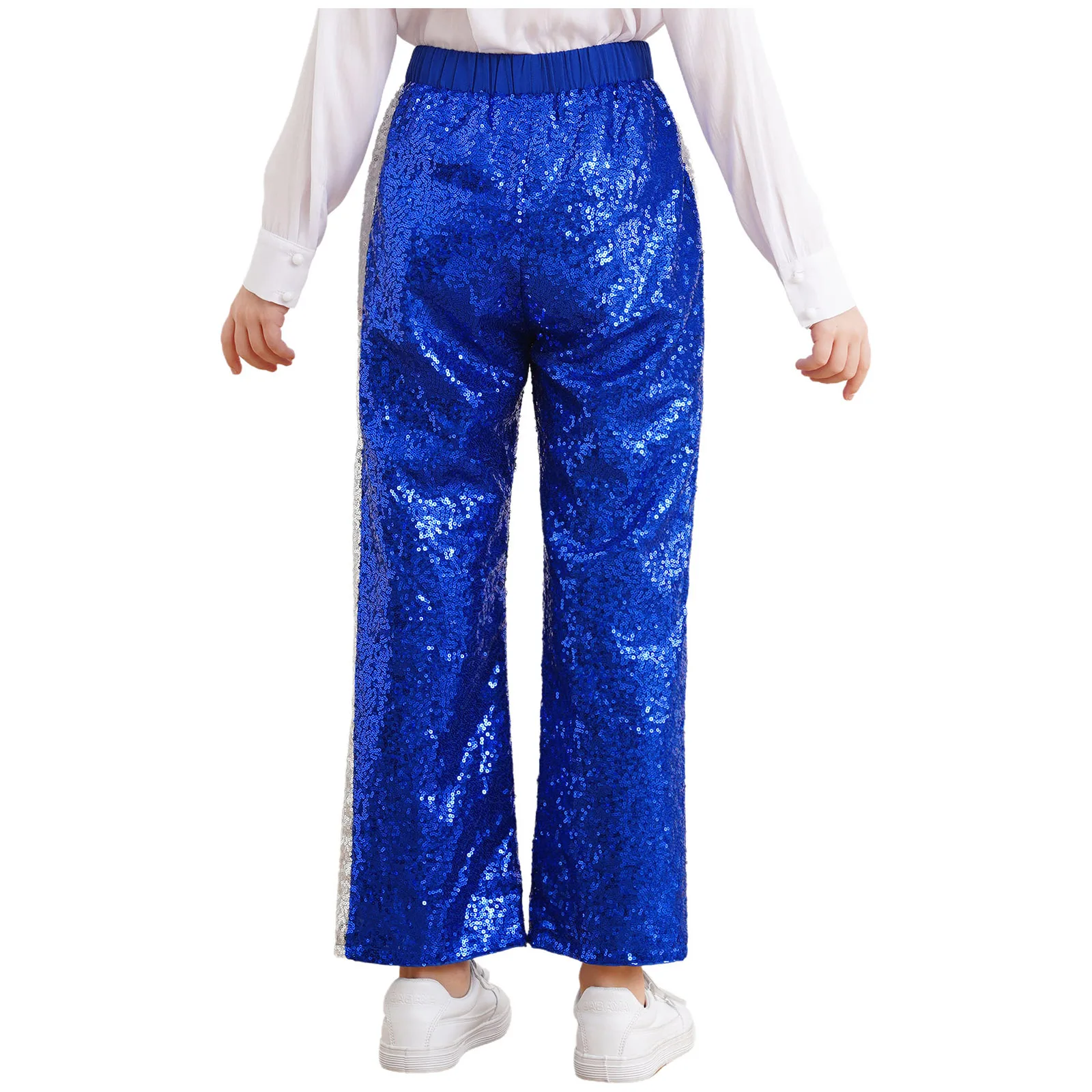 Unisex Kids Girls Boys Sparkly Sequins Pants Color Block Straight-Leg Trousers for Hip Hop Jazz Dance Stage Performance