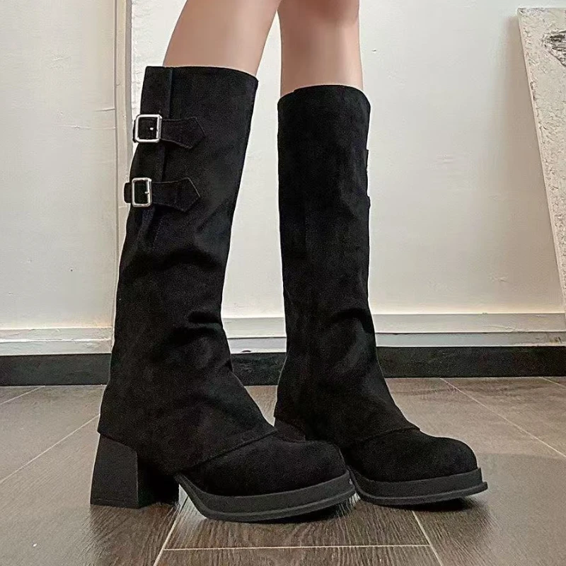 

Новинка 2023 года, женские ботинки, замшевые туфли на высоком каблуке, рыцарские сапоги «Челси» на массивном каблуке, зимние женские зимние сапоги