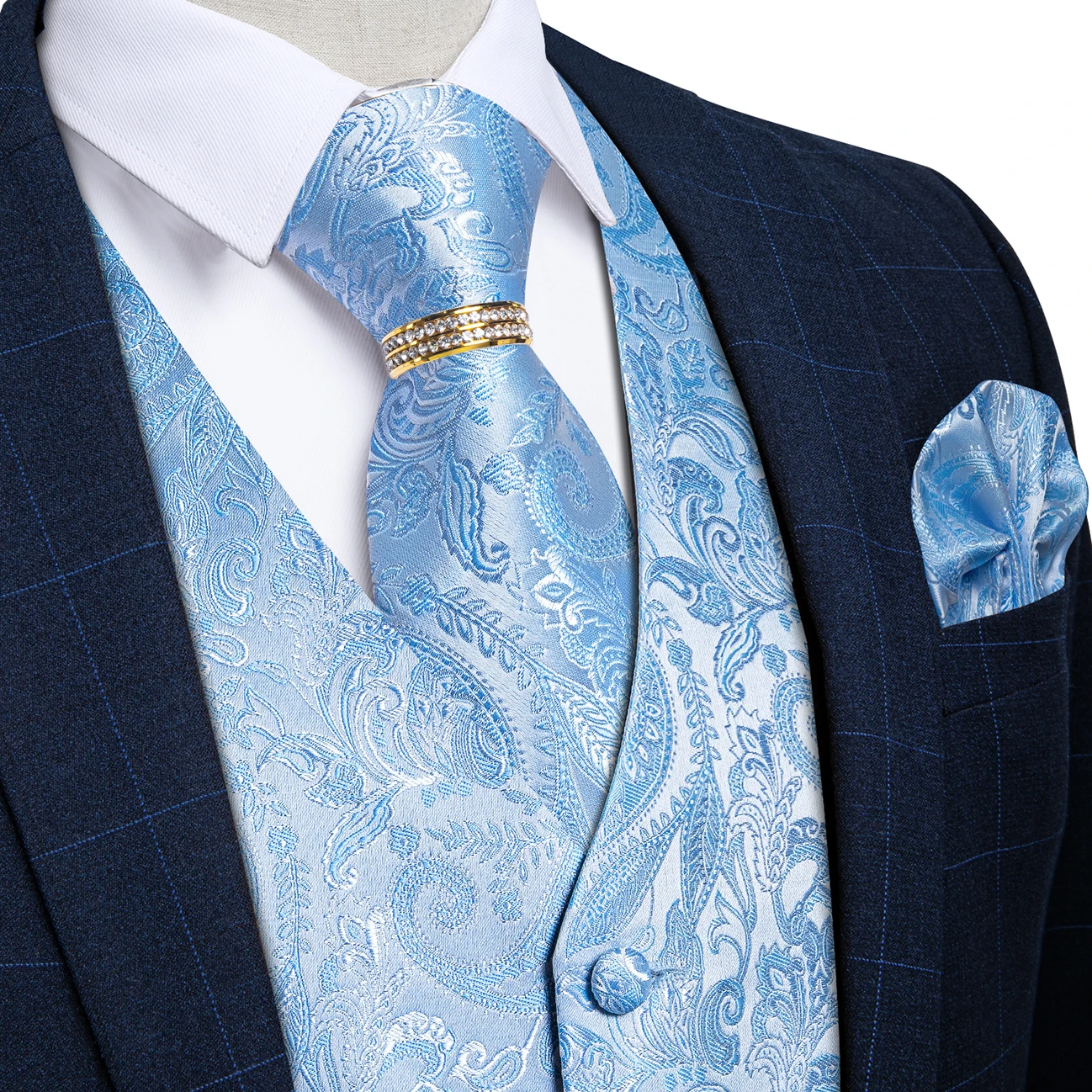 Light Sky Blue Solid Paisley Vest Full Kit Tie Pocket Square Cufflinks Shiny Ring For Engagement Party Office Event