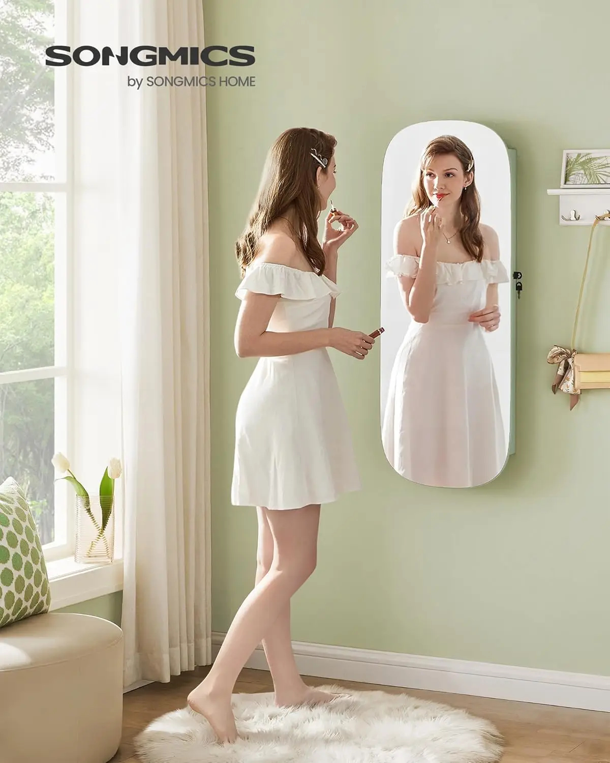 LED Jewelry Cabinet Wall or Door Mounted, Lockable Rounded Wide Mirror with Storage, Interior Mirror, 3.9 x 16.5 x 42.5