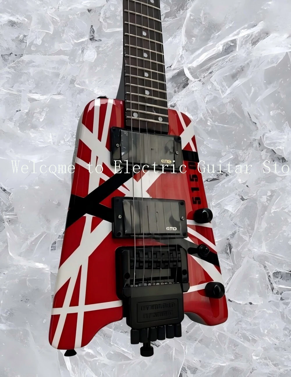Clearance Red White Black Strips Headless electric guitar Eddie EMG Pickups Tremolo Bridge Black hardware #ASP654286