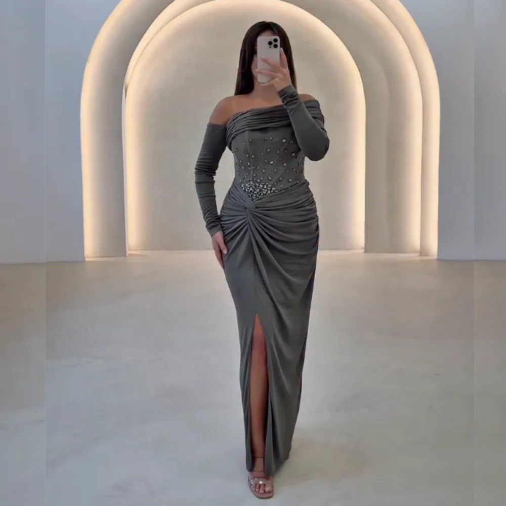 

Шифоновые плиссированные длинные платья со стразами и открытыми плечами по индивидуальному заказу, женские элегантные вечерние свадебные вечерние платья для гостей