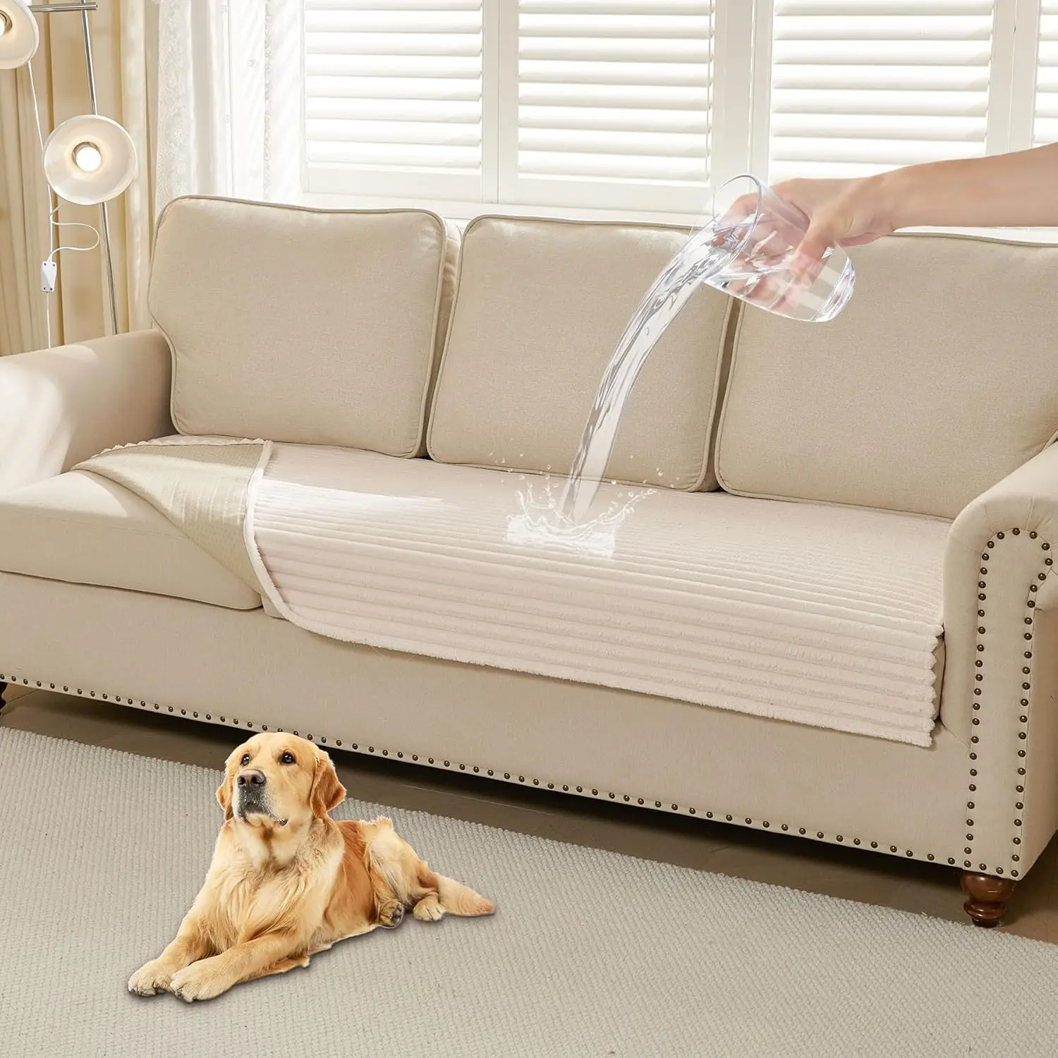 

Waterproof Dog Couch Cover Washable, Faux Fur Pet Sofa Protector Non-Slip for 3 Cushion (Off White, 35" x 95")