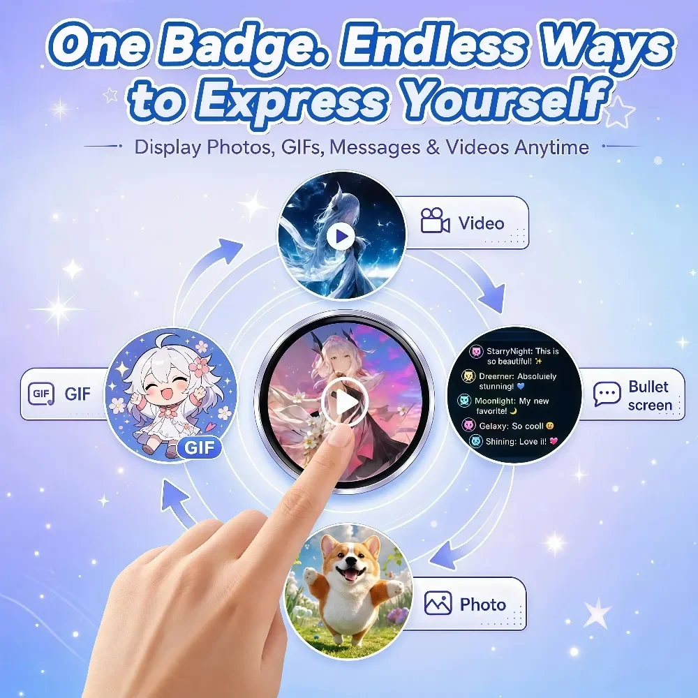 Smart Digital Badge Pin, Customizable GIF Photo Anime Display Electronic E‑Badge,Magnetic Wearable Button for Cosplay Fan Events