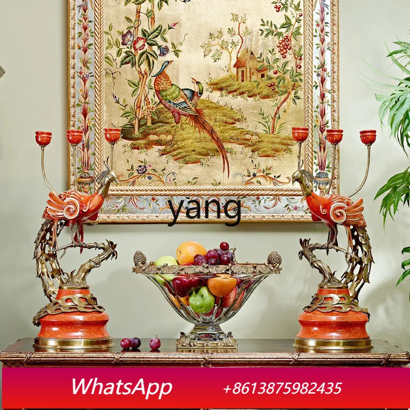 MM French retro red ceramic phoenix inlaid copper three-headed candlestick living room decoration ornament