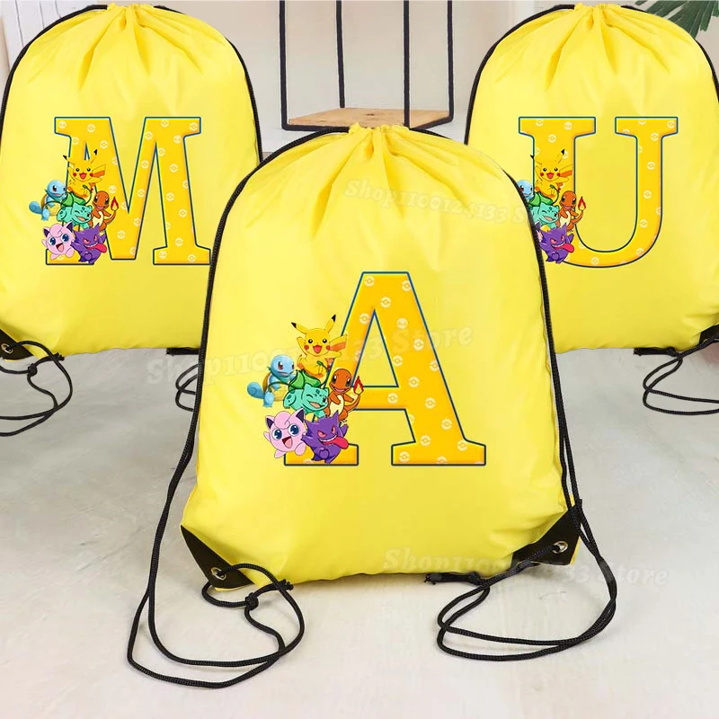 

Pokemons Kids Yellow Drawstring Bag Cute Letters A-Z Anime Printed Boy Portable Pocket Party Gift Casual Hand Bag Storage Pouche