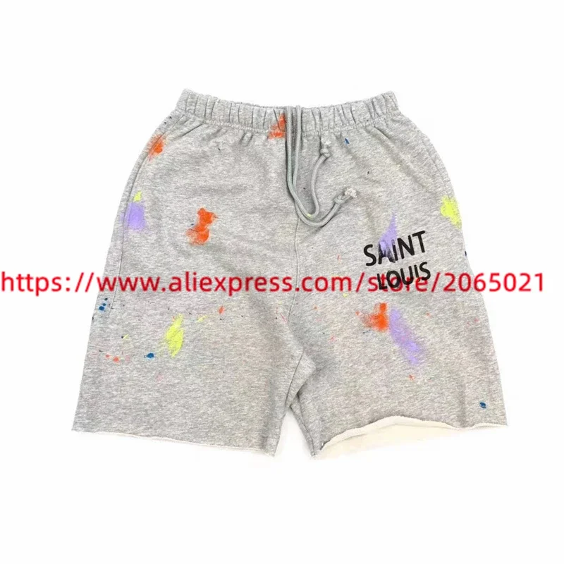 2024ss Vintage Washed SAINT LOUIS Shorts Men Women Drawstring Splash Ink Graffiti Breeches